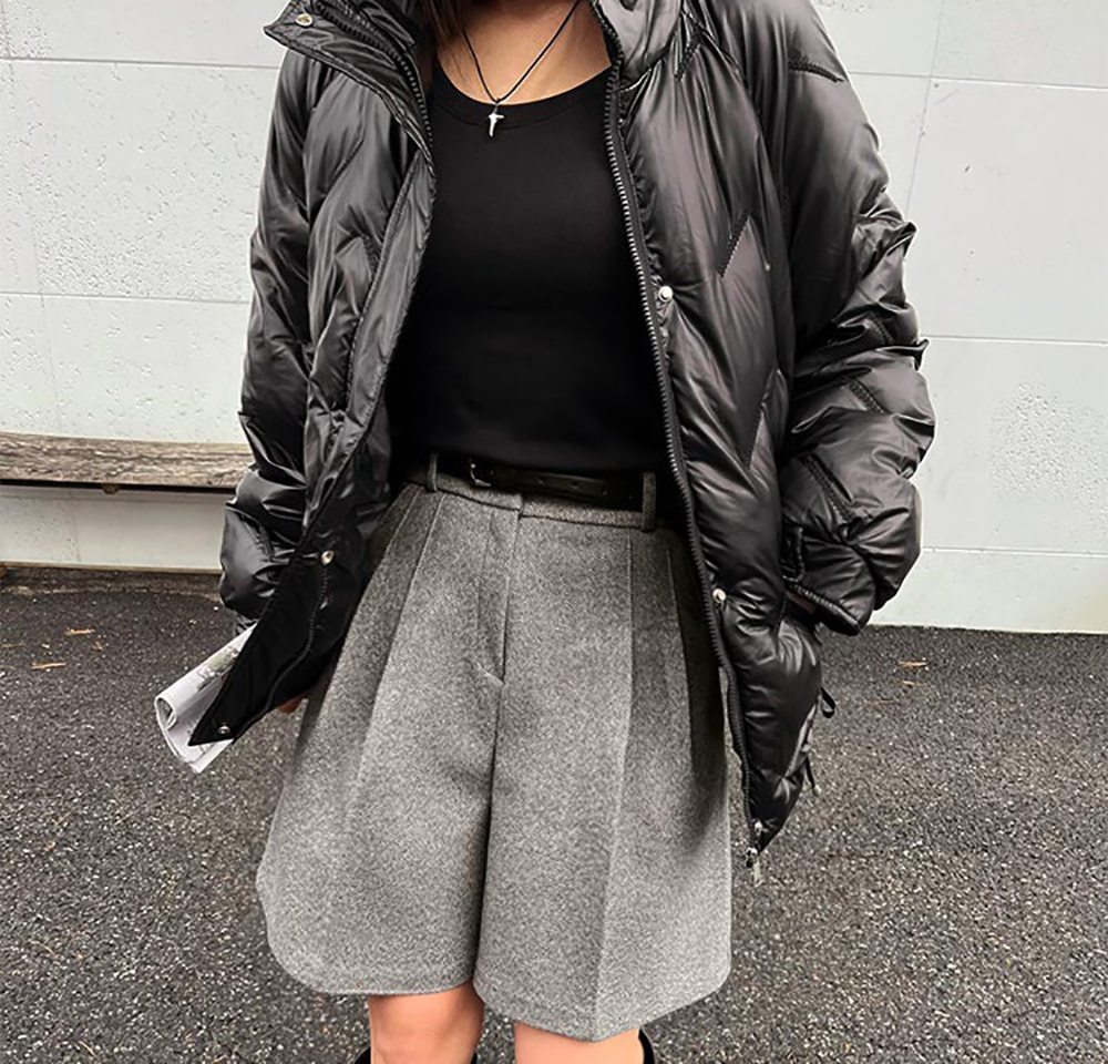 簡約高腰壓褶毛呢短褲