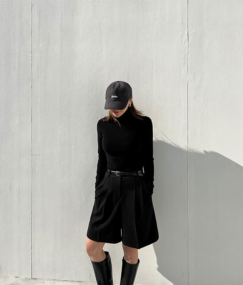 簡約高腰壓褶毛呢短褲