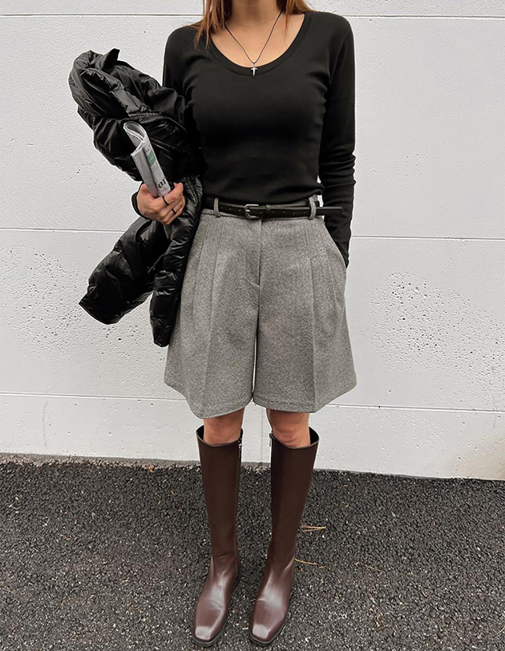 簡約高腰壓褶毛呢短褲