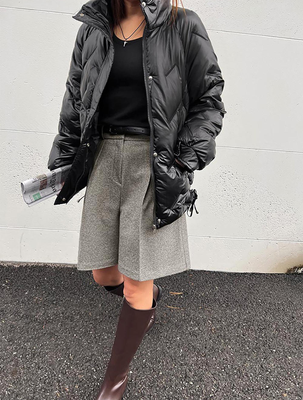 簡約高腰壓褶毛呢短褲