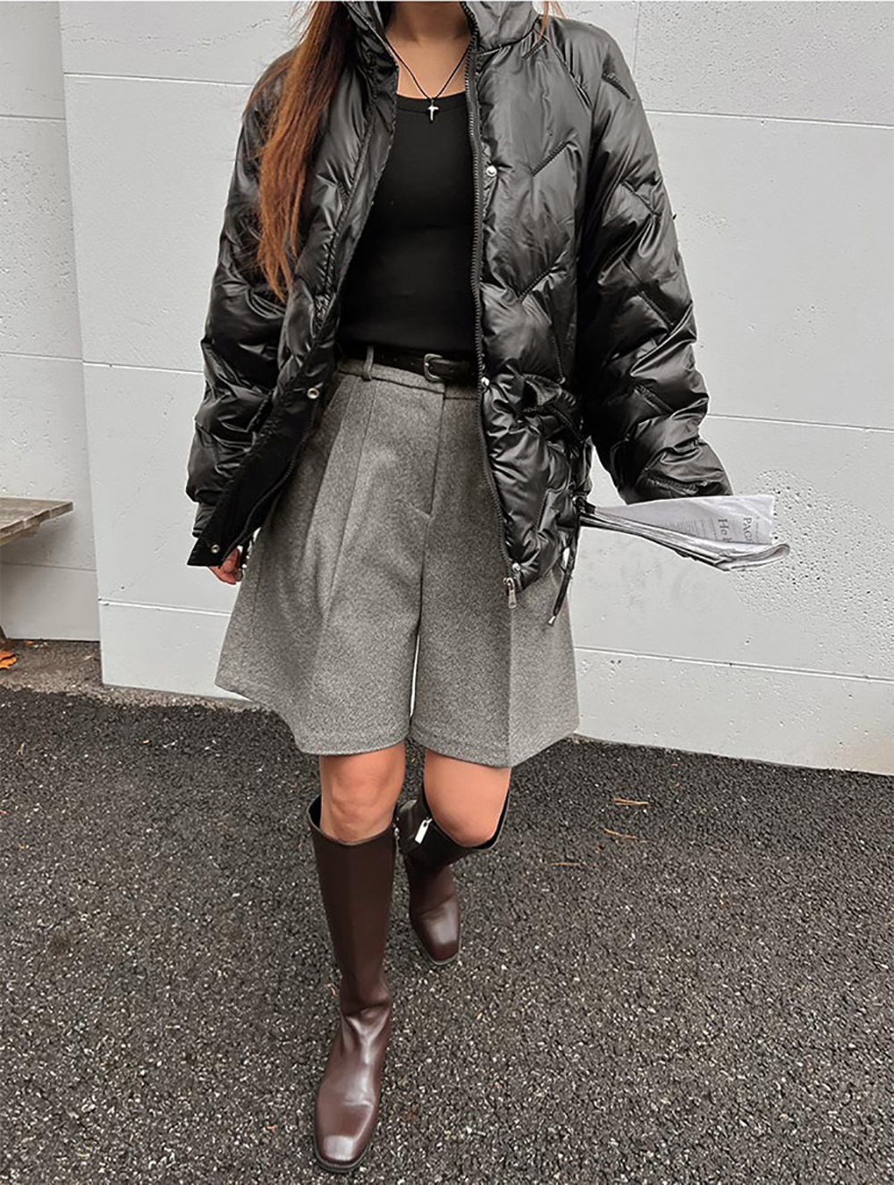 簡約高腰壓褶毛呢短褲