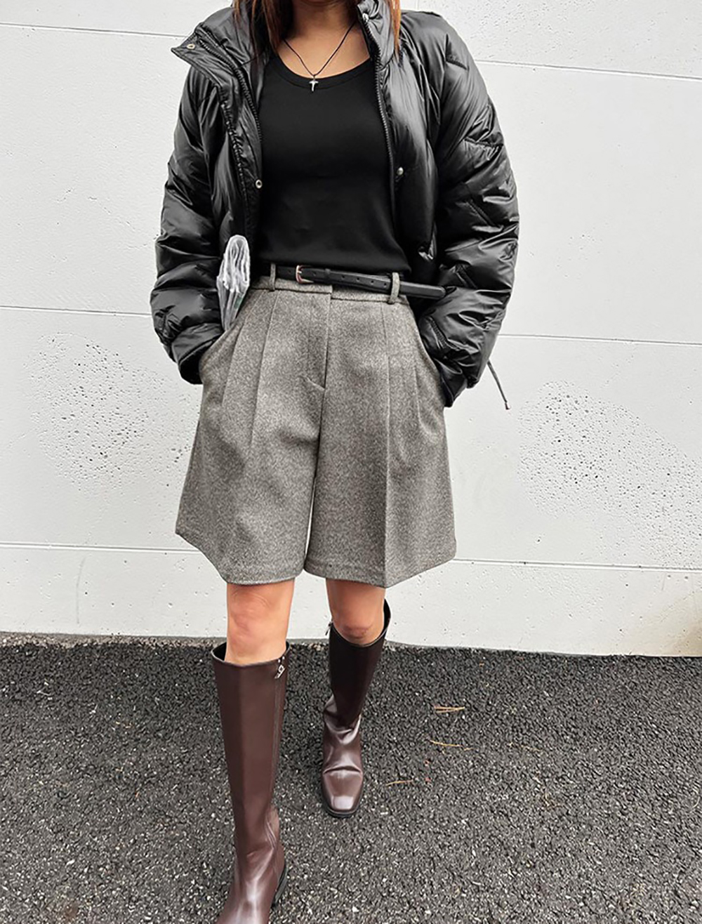 簡約高腰壓褶毛呢短褲