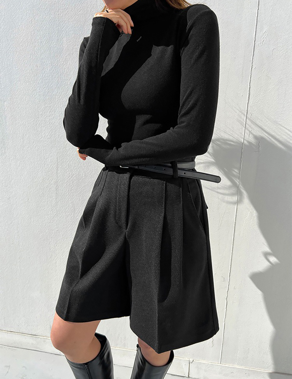 簡約高腰壓褶毛呢短褲