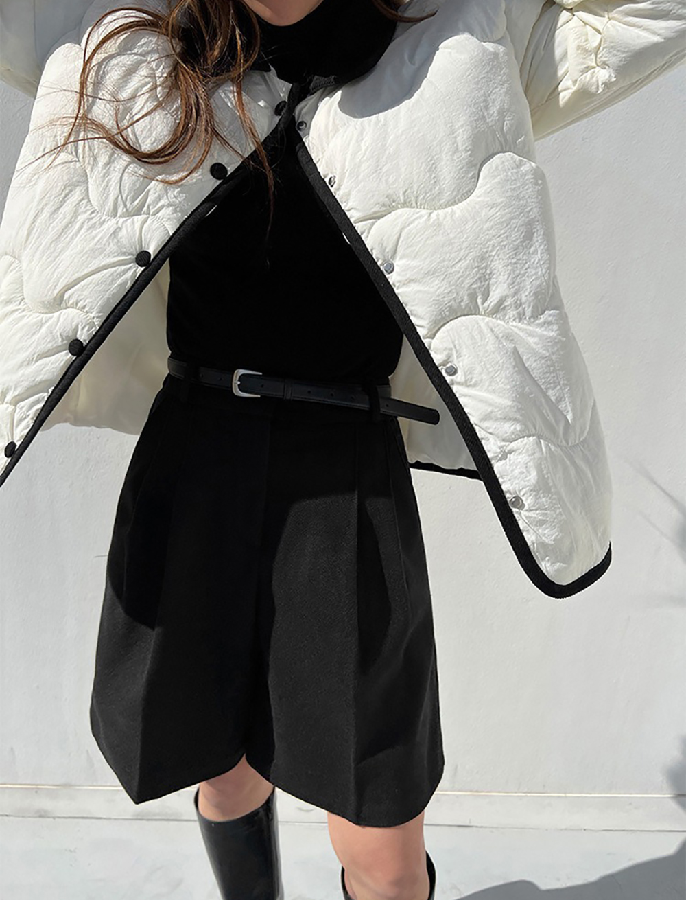 簡約高腰壓褶毛呢短褲