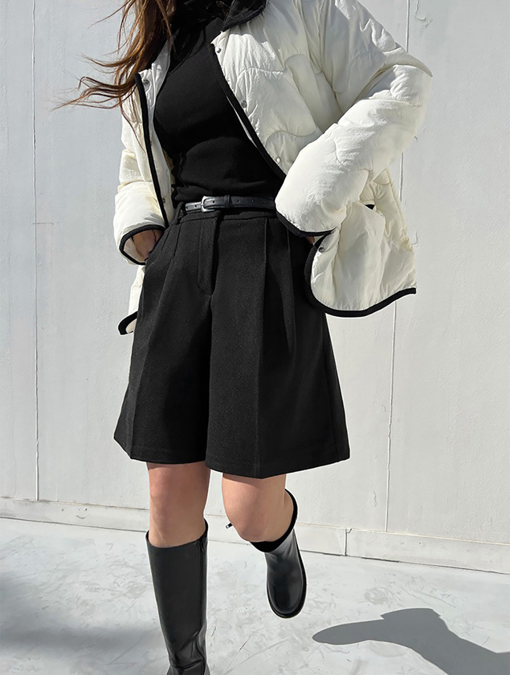 簡約高腰壓褶毛呢短褲