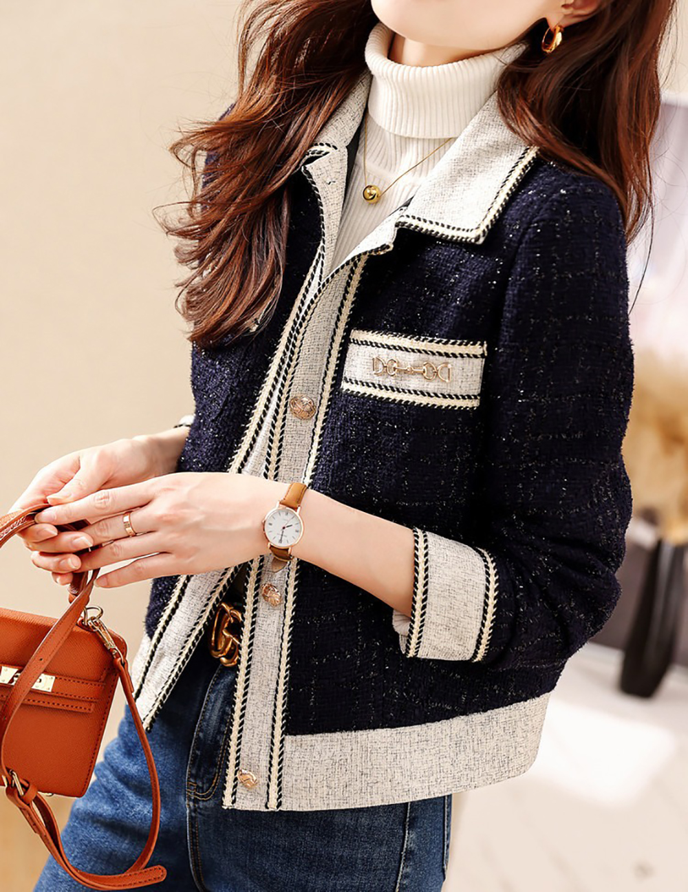 優雅拼色小香風外套