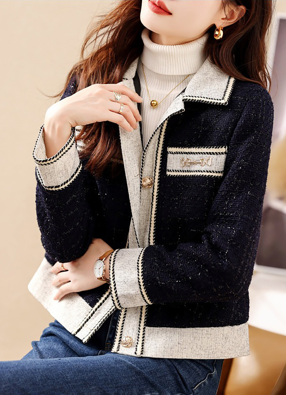 優雅拼色小香風外套,evaviva,8C-RZ7272,優雅拼色小香風外套,領500,999免運