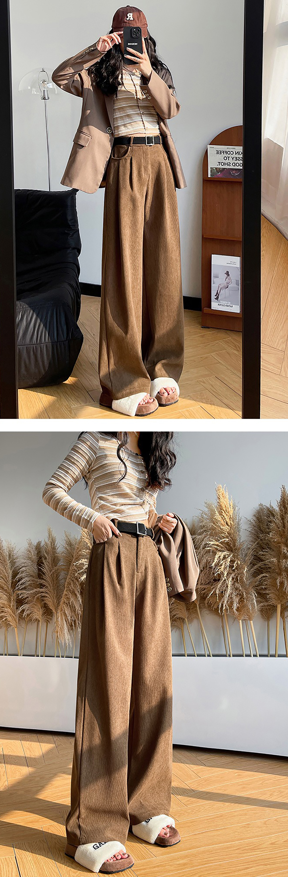 鬆緊高腰燈芯絨寬褲