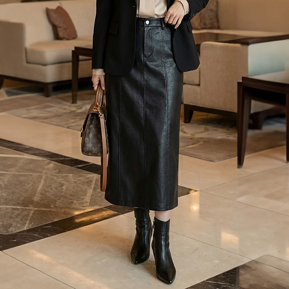 A字內磨毛皮革長裙