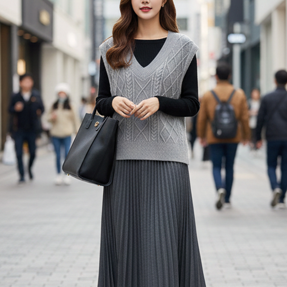 立體麻花V領針織背心