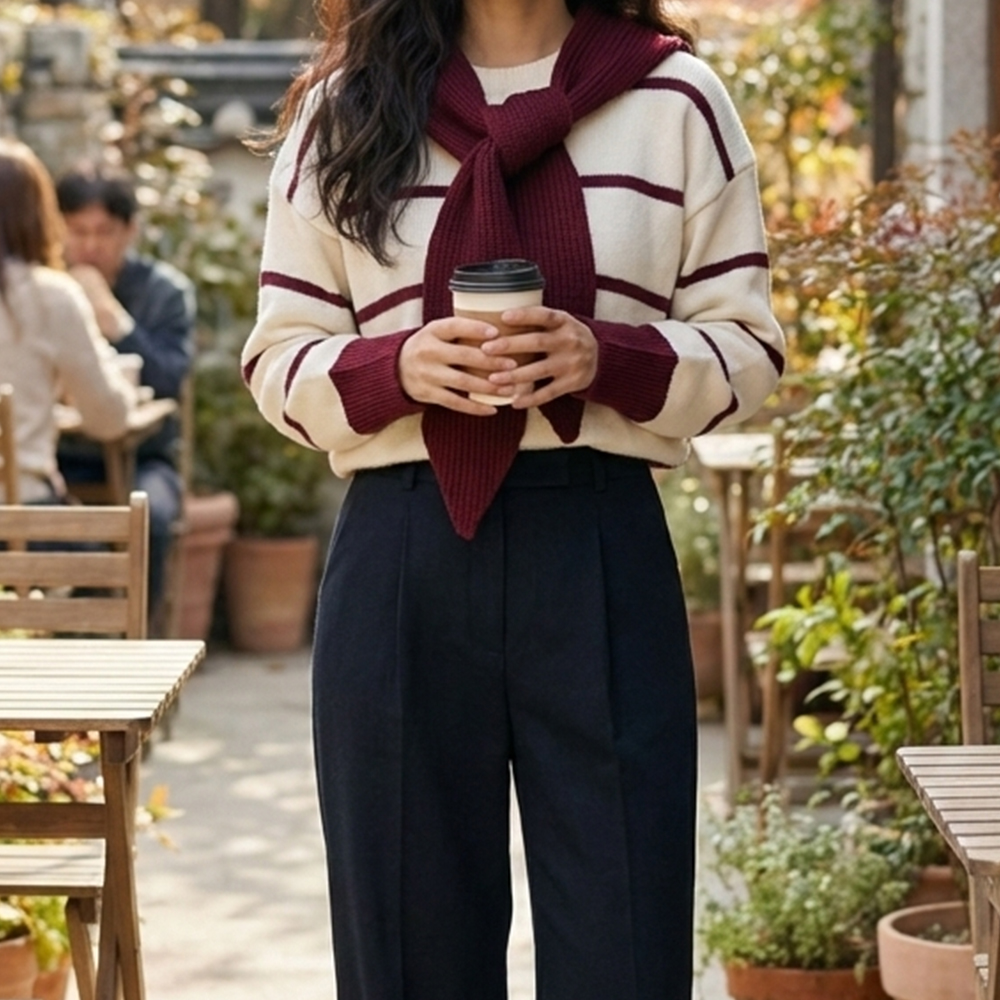 連帽披肩條紋針織上衣