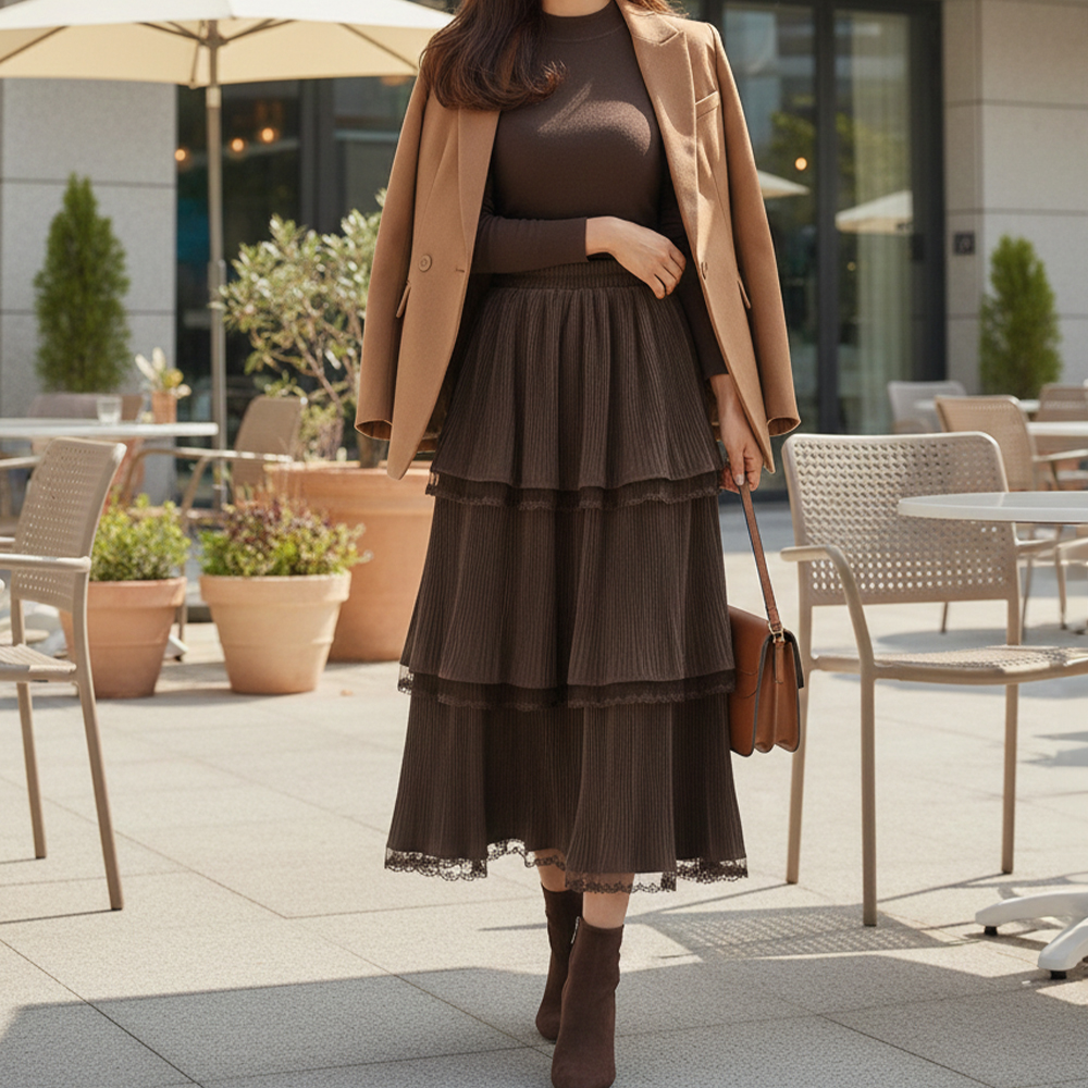 質感細褶蕾絲拼接長裙