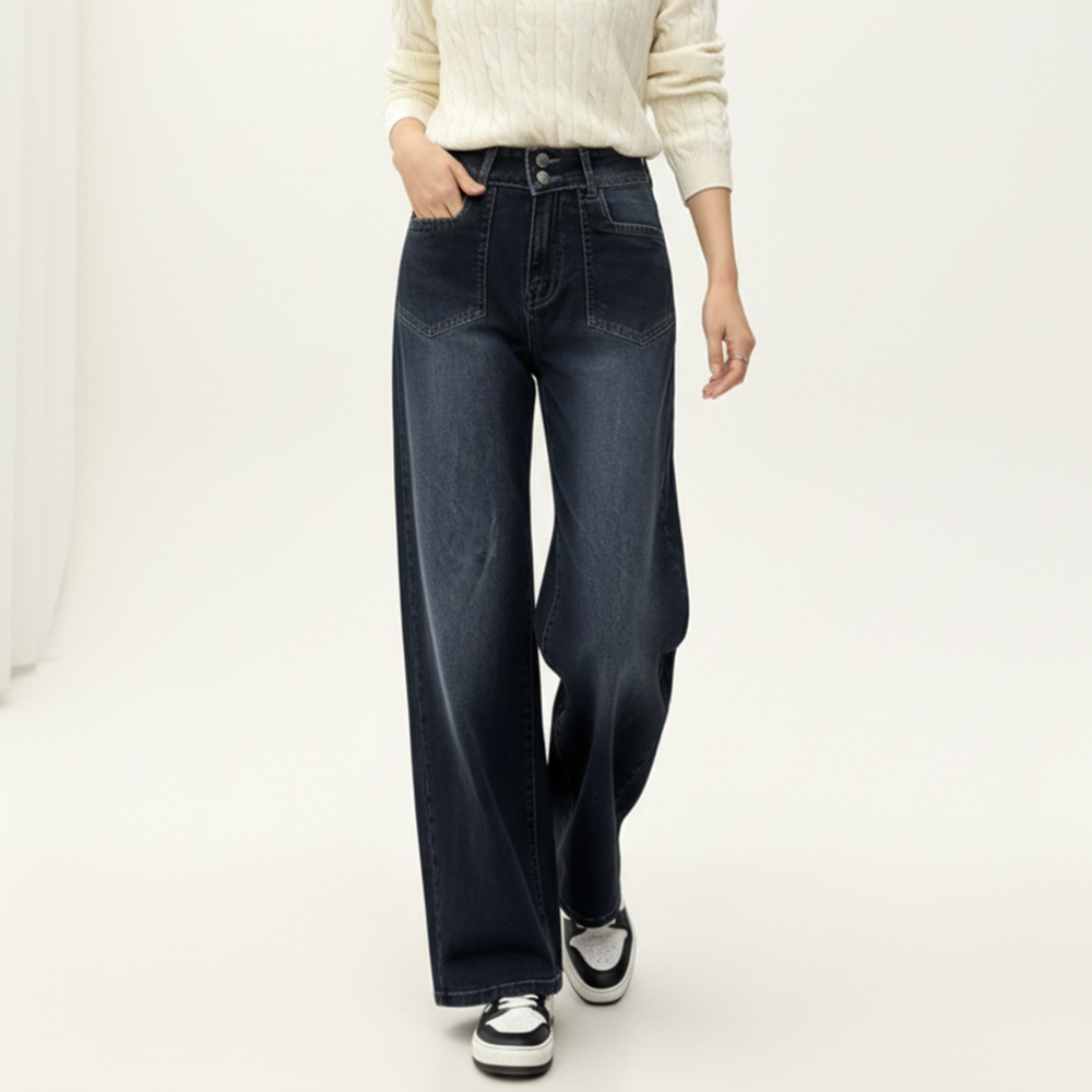 高腰刷色微彈牛仔寬褲