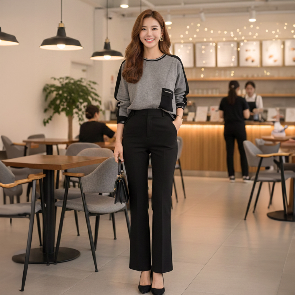 灰黑撞色圓領休閒上衣