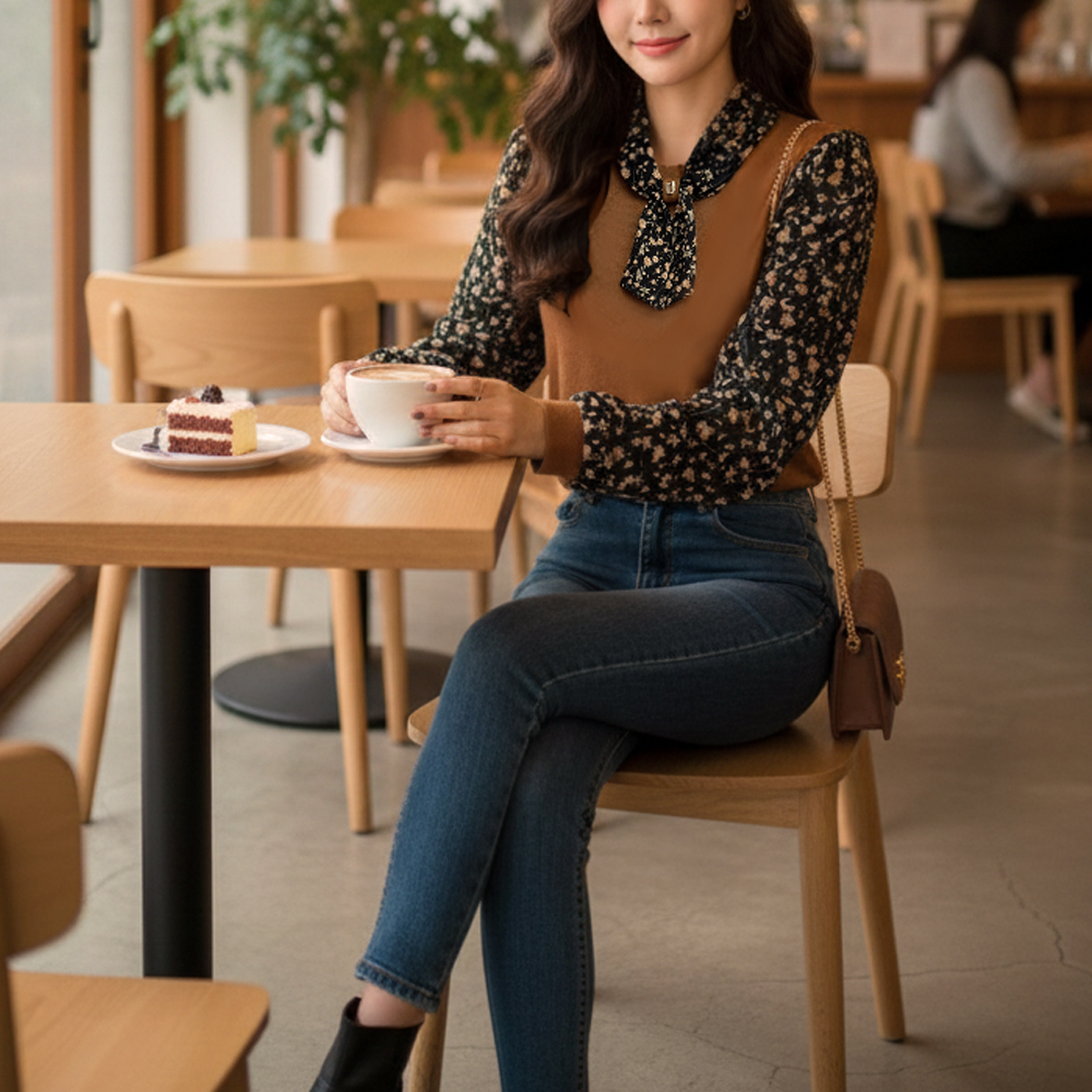 假兩件針織拼接上衣