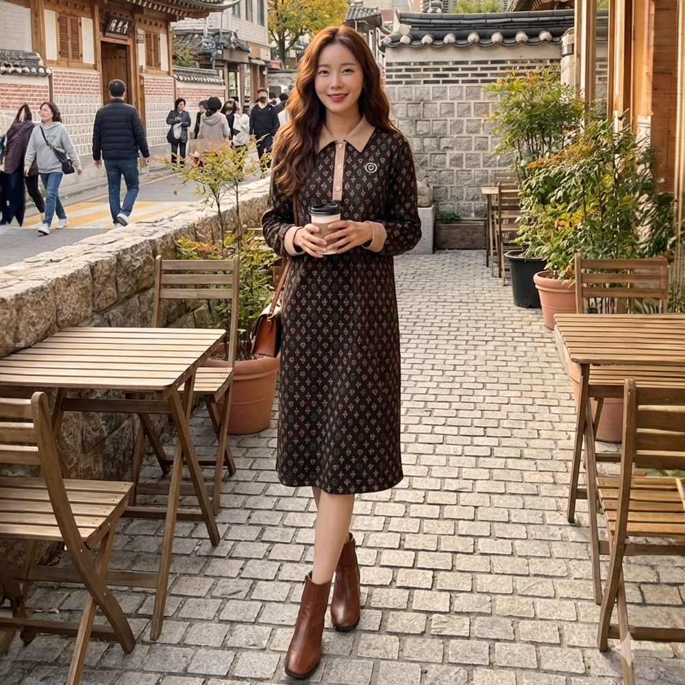 復古翻領印花針織洋裝