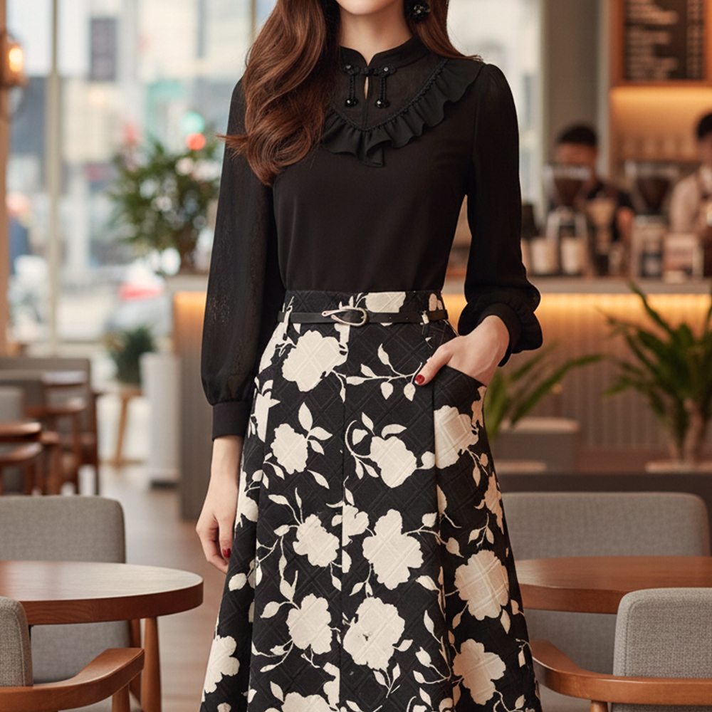 中式盤釦蕾絲拼接上衣