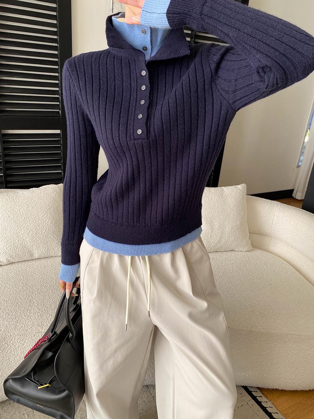 假兩件修身針織上衣,evaviva,4N-ZA9163,假兩件修身針織上衣,領500,999免運