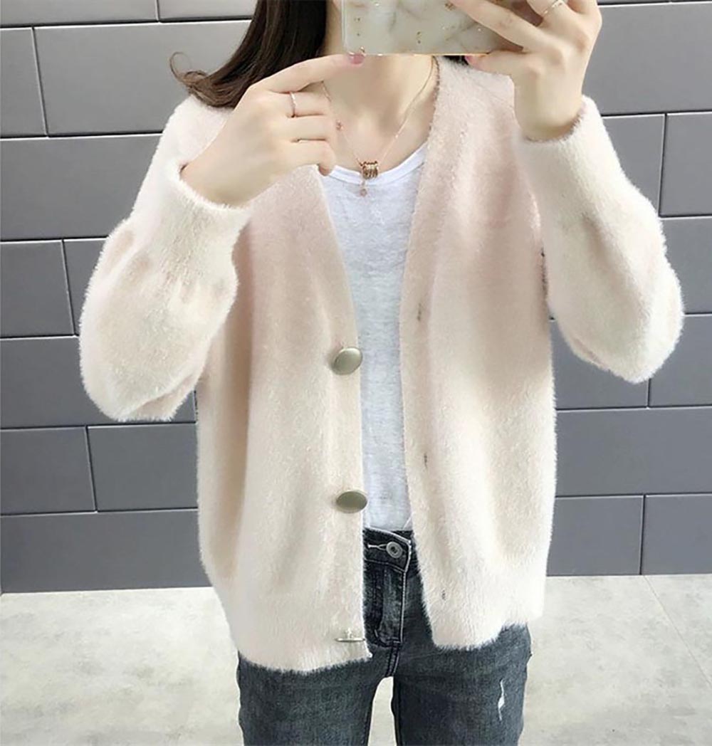 仿水貂絨V領針織外套,evaviva,8C-GB7306,仿水貂絨V領針織外套,領500,999免運