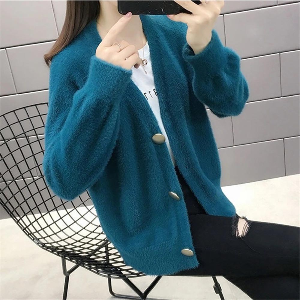 仿水貂絨V領針織外套,evaviva,8C-GB7306,仿水貂絨V領針織外套,領500,999免運