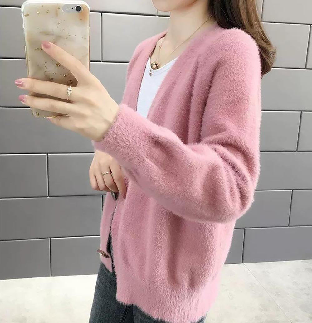 仿水貂絨V領針織外套,evaviva,8C-GB7306,仿水貂絨V領針織外套,領500,999免運