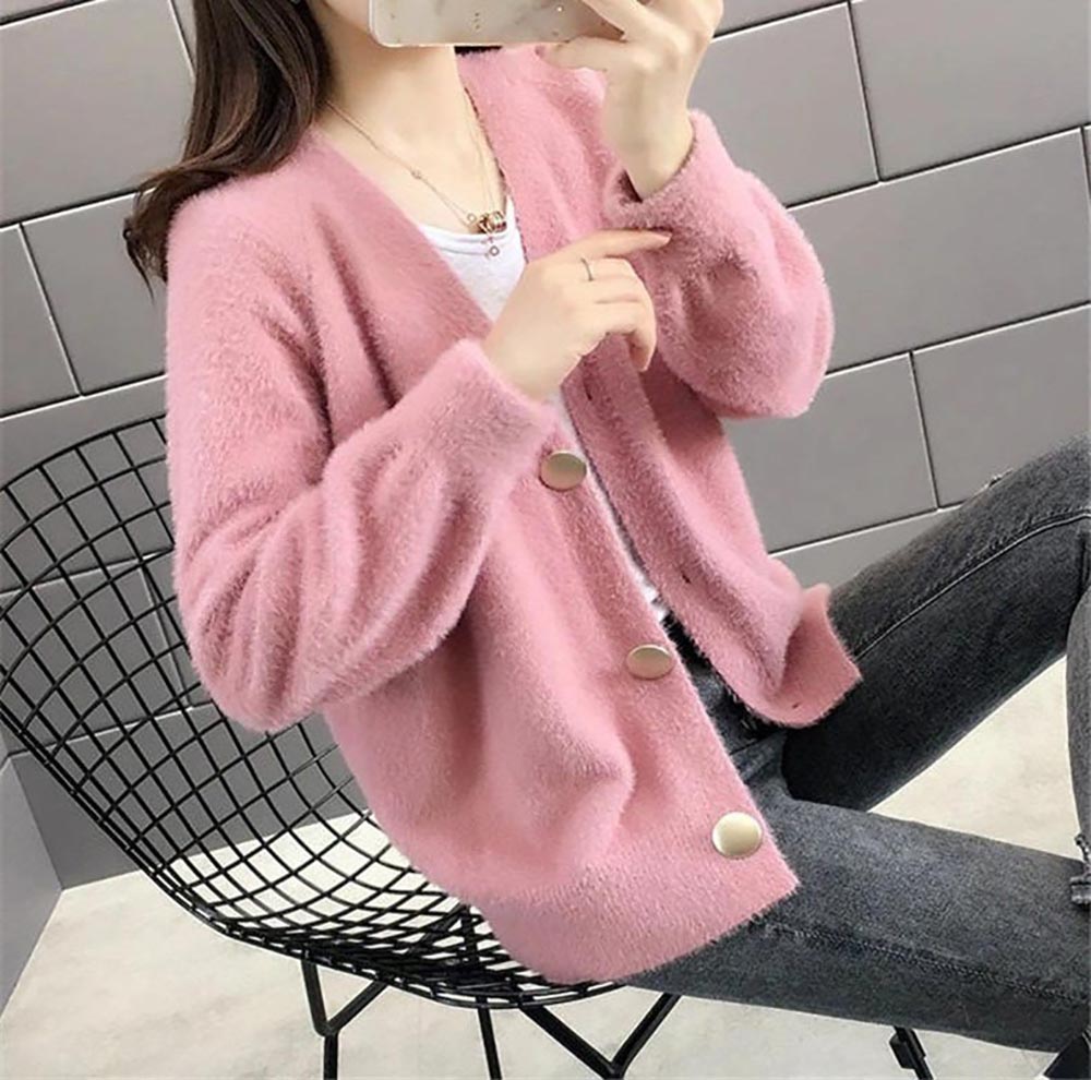 仿水貂絨V領針織外套,evaviva,8C-GB7306,仿水貂絨V領針織外套,領500,999免運