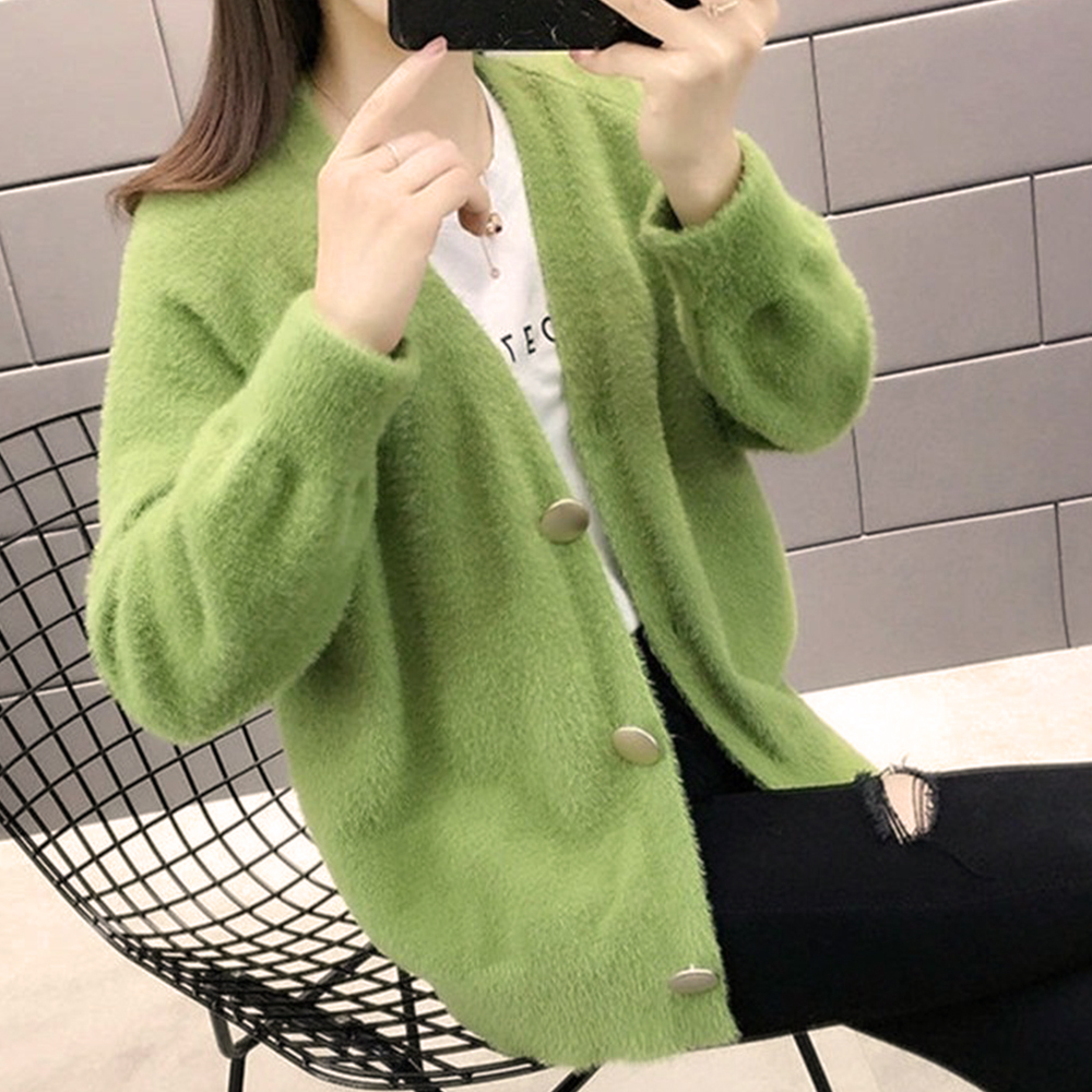 仿水貂絨V領針織外套