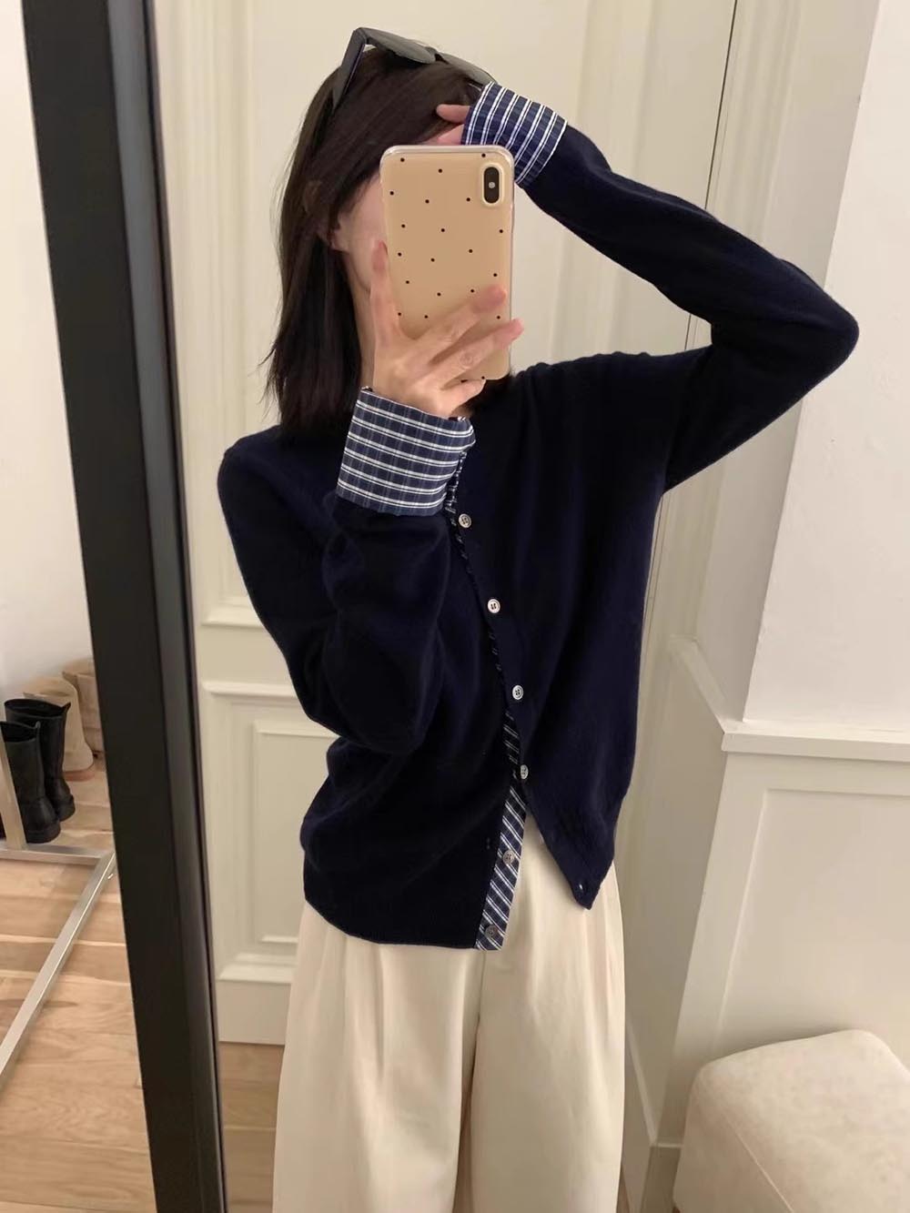 格紋拼接設計針織外套,evaviva,8C-GN7303,格紋拼接設計針織外套,領500,999免運