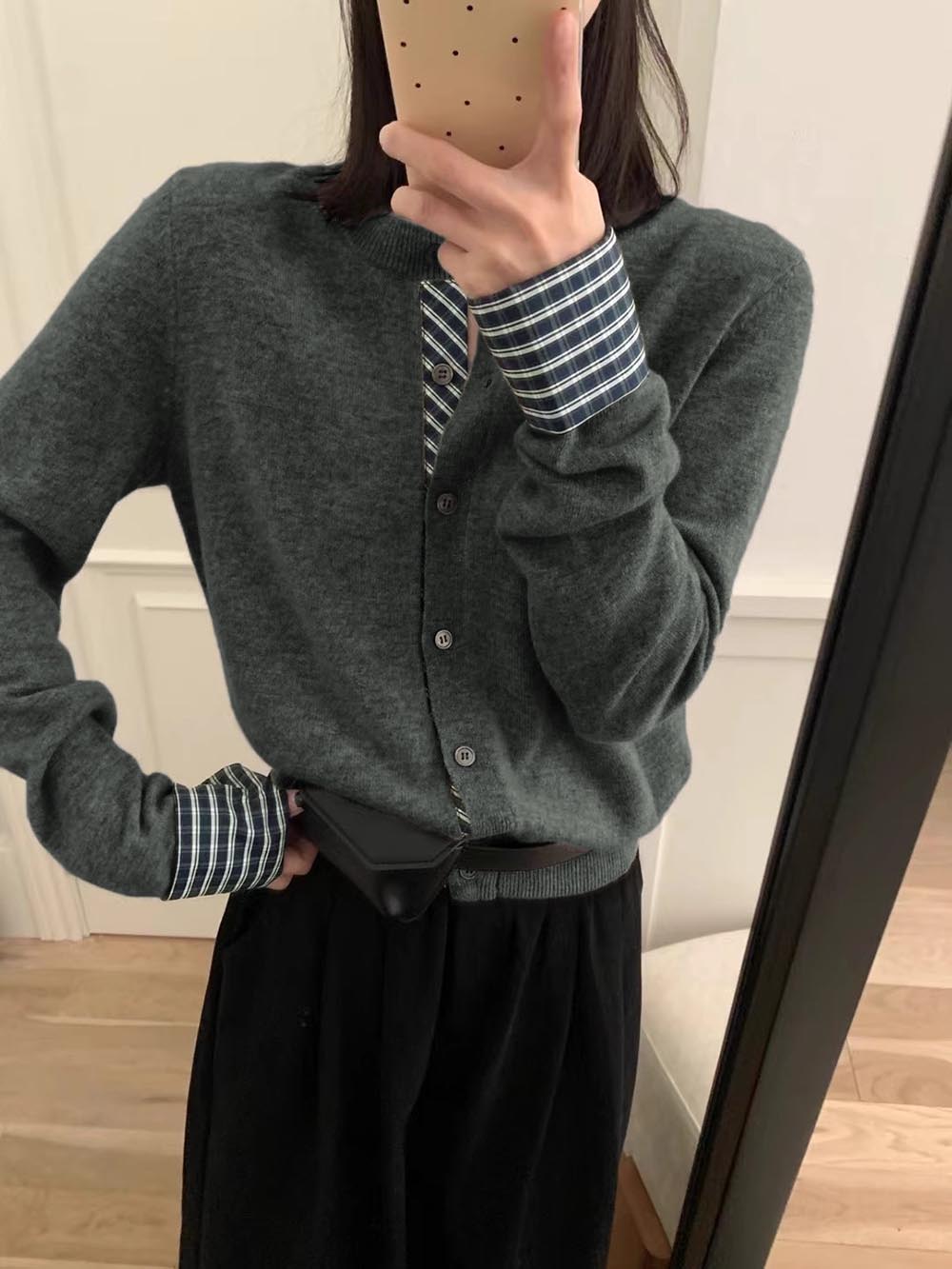 格紋拼接設計針織外套,evaviva,8C-GN7303,格紋拼接設計針織外套,領500,999免運