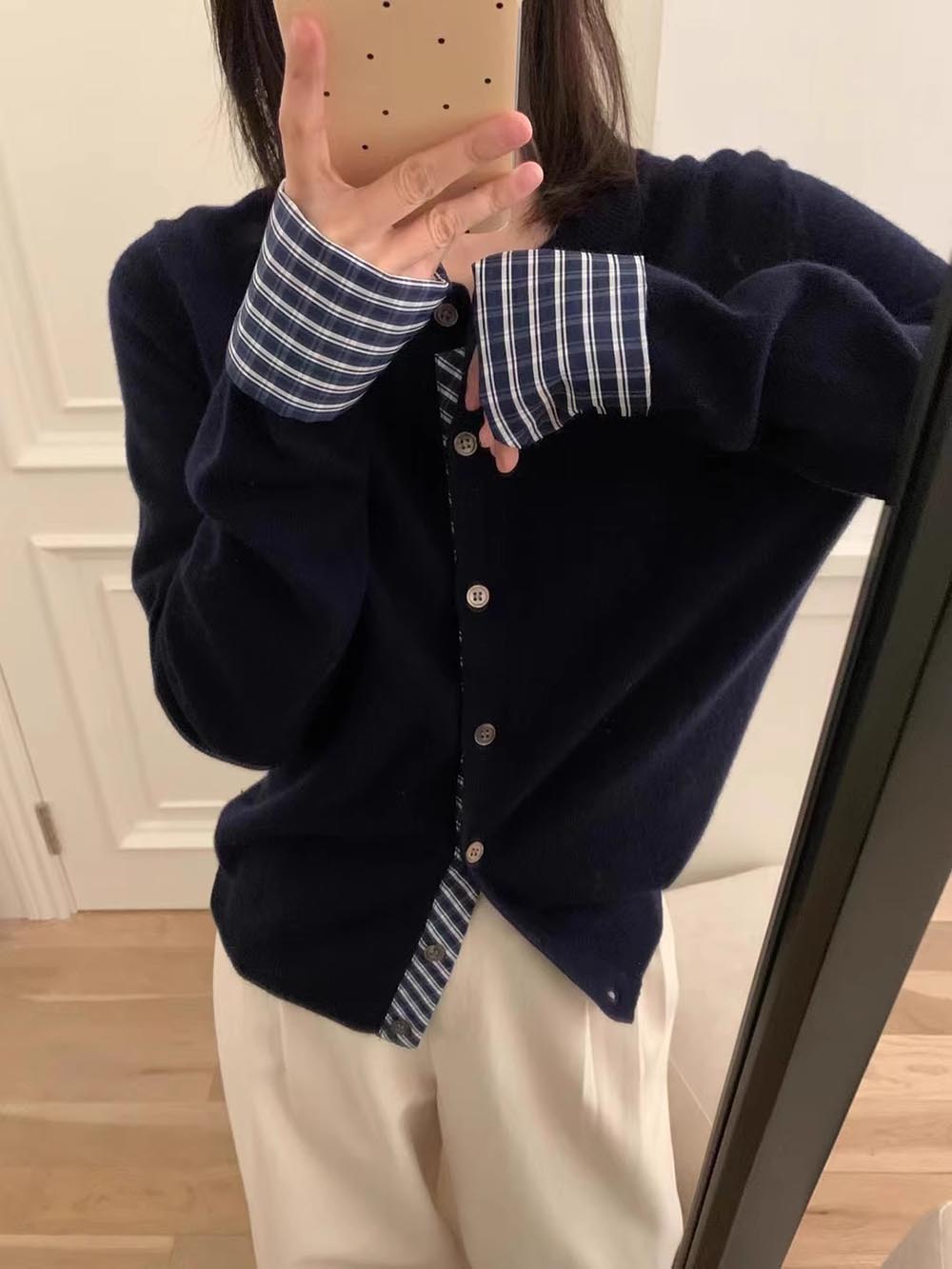 格紋拼接設計針織外套,evaviva,8C-GN7303,格紋拼接設計針織外套,領500,999免運