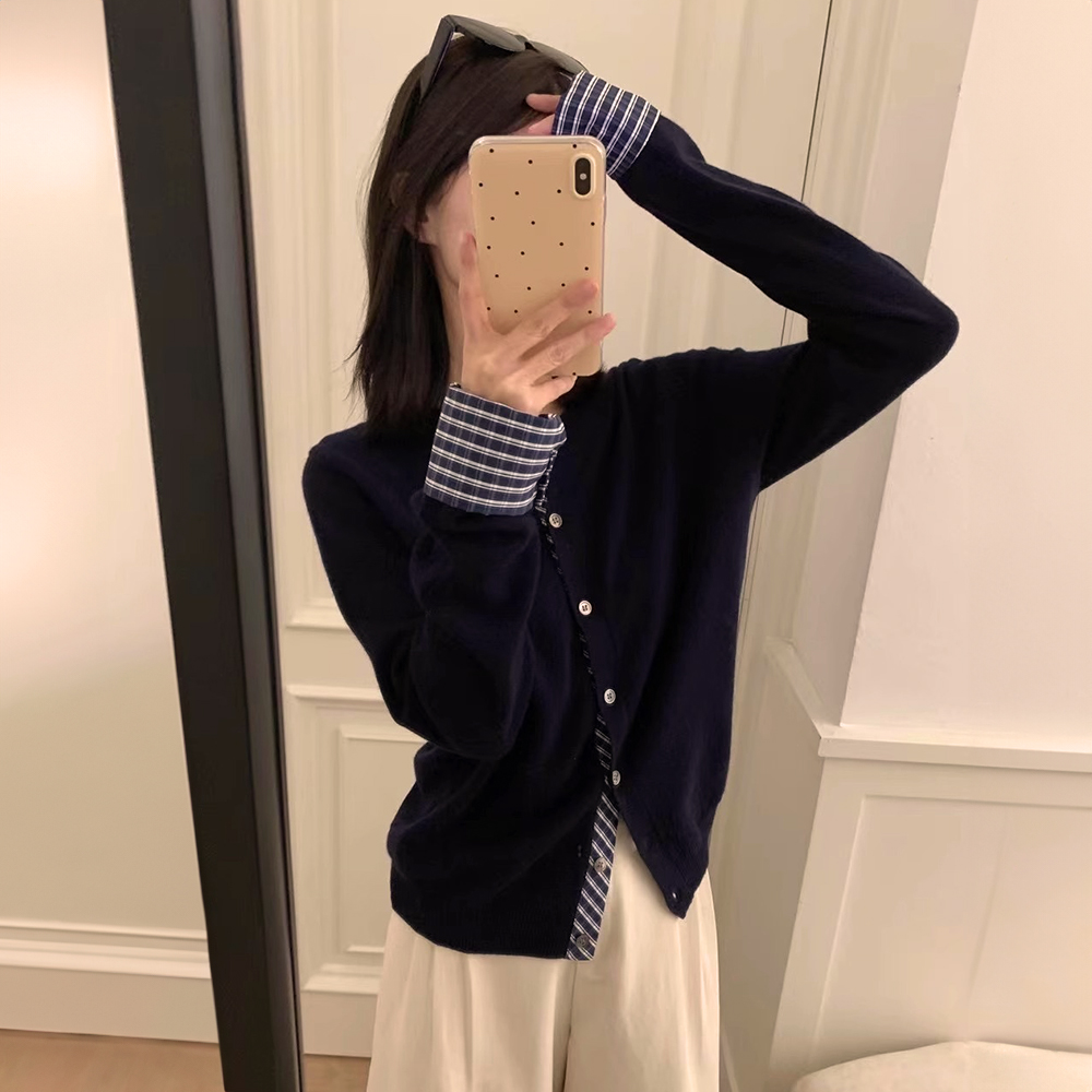 格紋拼接設計針織外套