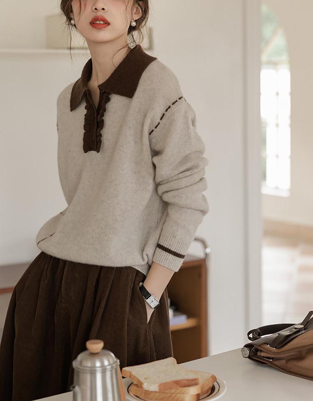 翻領縫線設計針織上衣,evaviva,8C-GO7305,翻領縫線設計針織上衣,領500,999免運