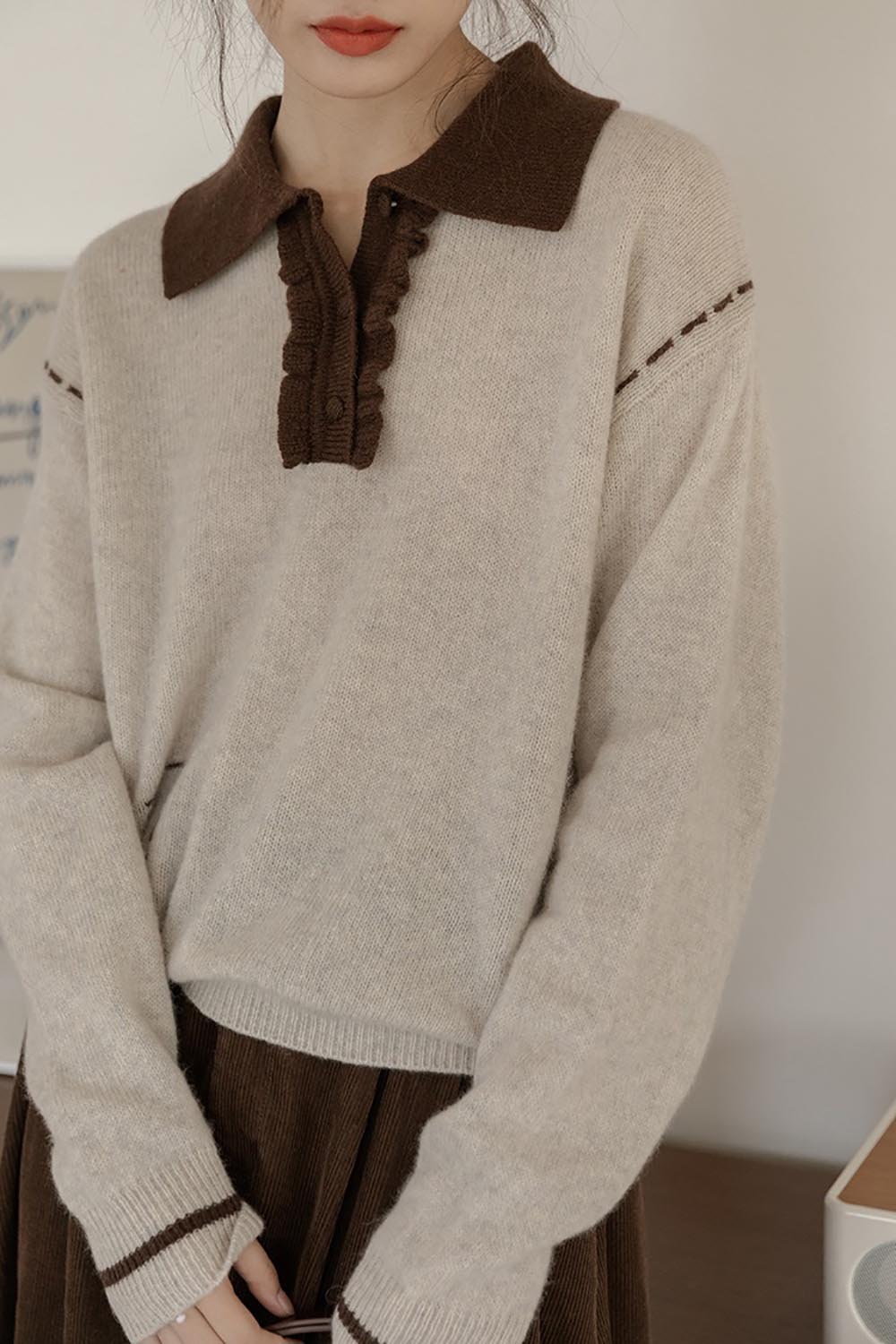 翻領縫線設計針織上衣,evaviva,8C-GO7305,翻領縫線設計針織上衣,領500,999免運