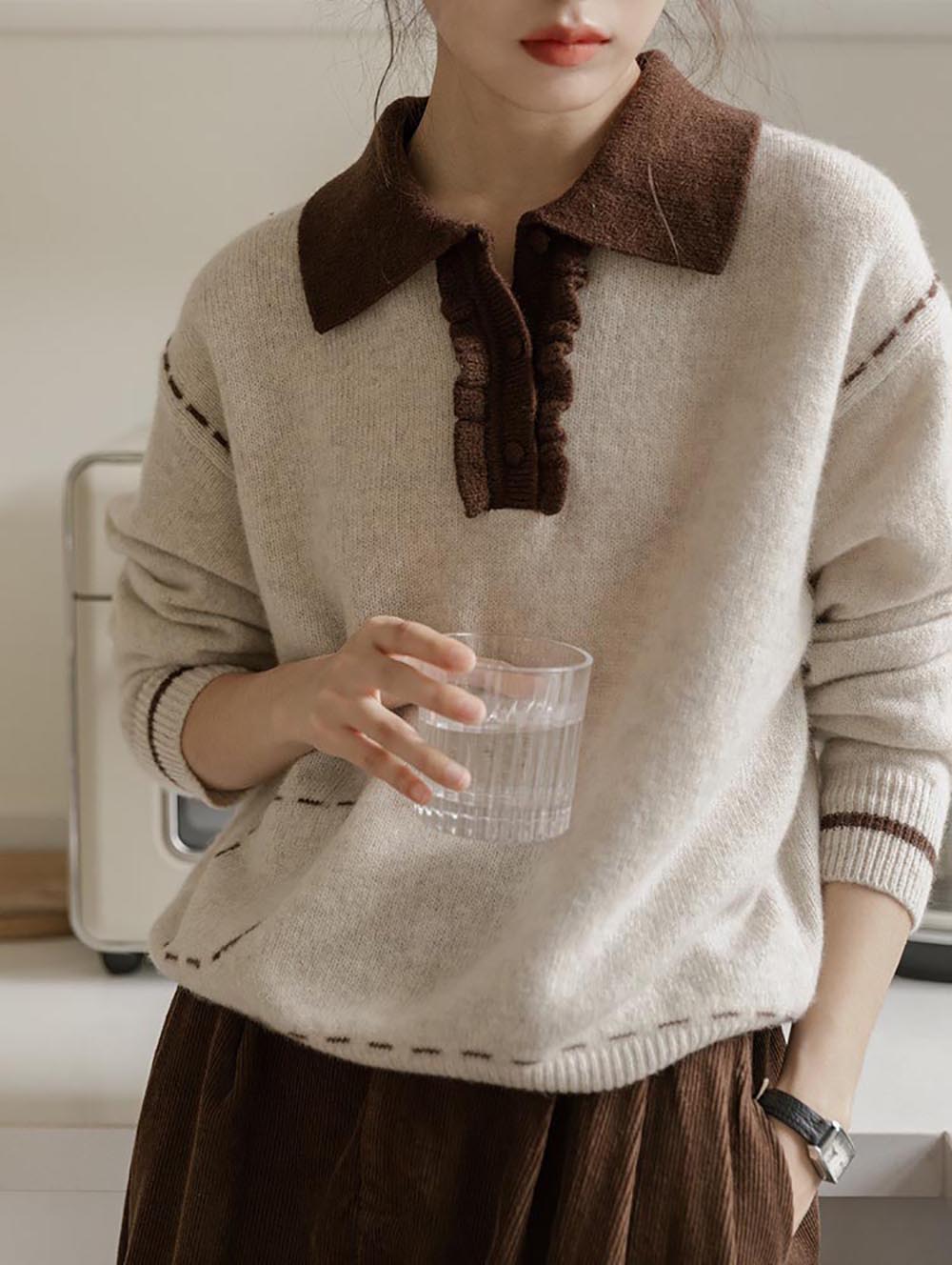 翻領縫線設計針織上衣,evaviva,8C-GO7305,翻領縫線設計針織上衣,領500,999免運