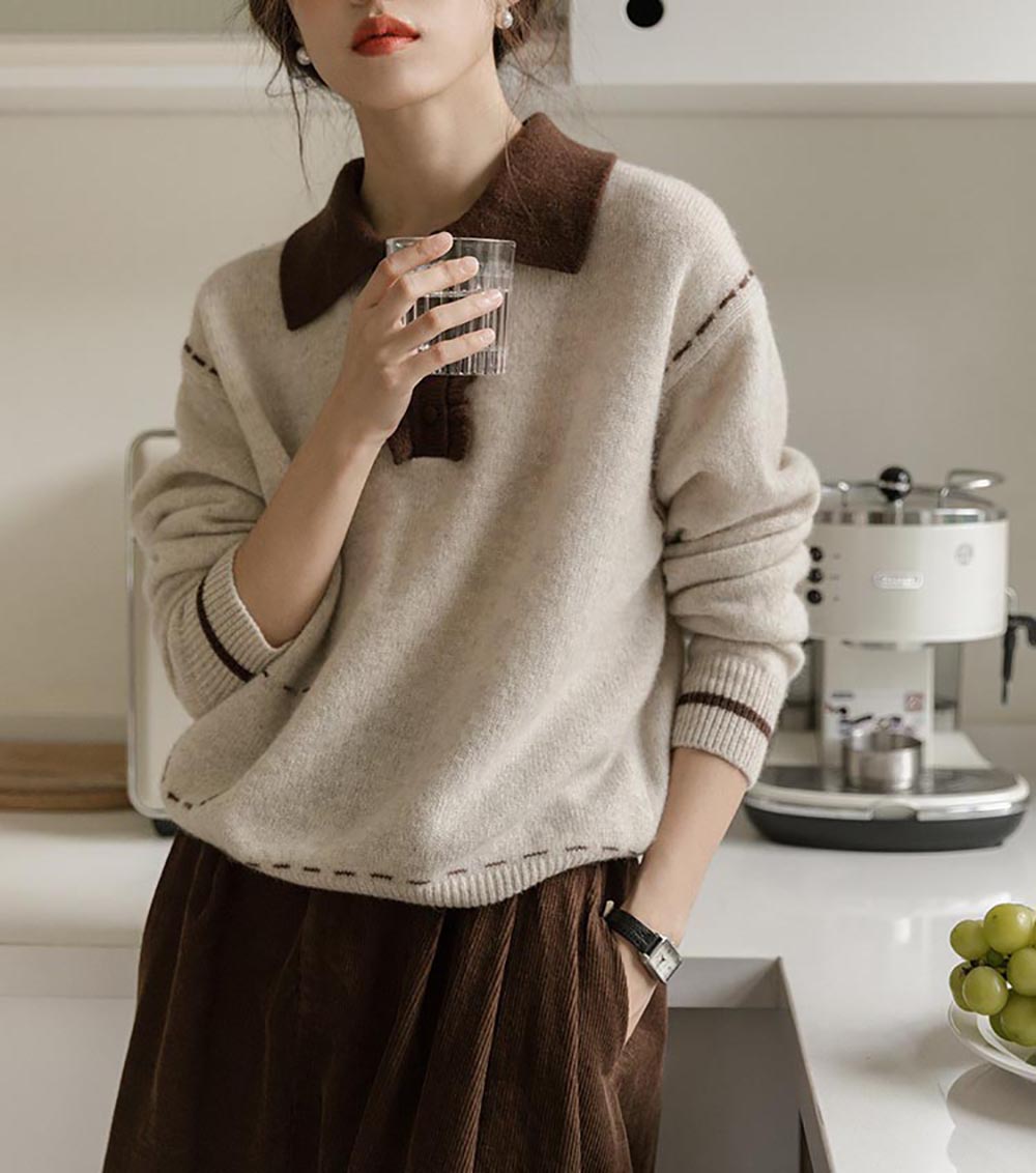 翻領縫線設計針織上衣,evaviva,8C-GO7305,翻領縫線設計針織上衣,領500,999免運