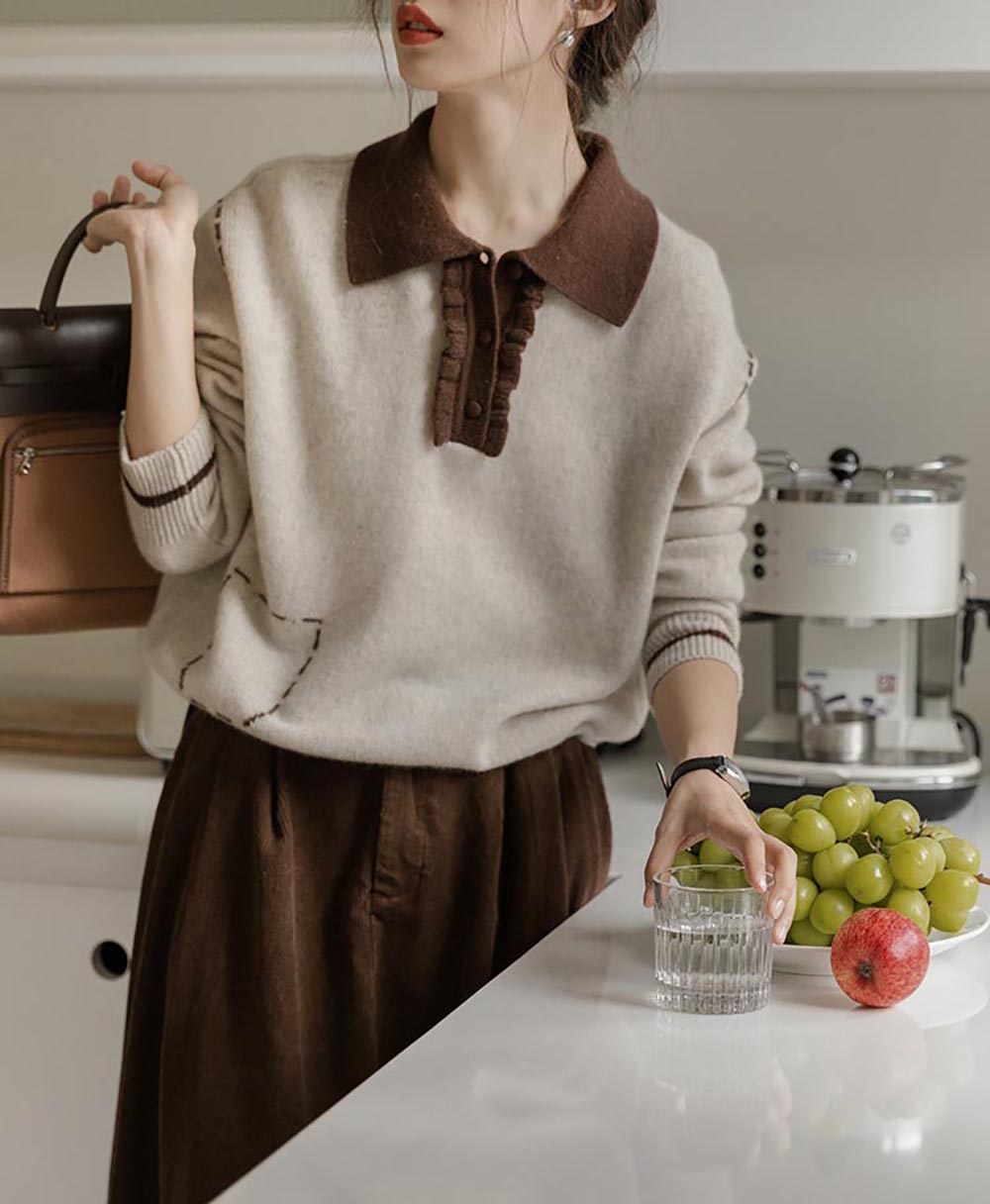 翻領縫線設計針織上衣,evaviva,8C-GO7305,翻領縫線設計針織上衣,領500,999免運