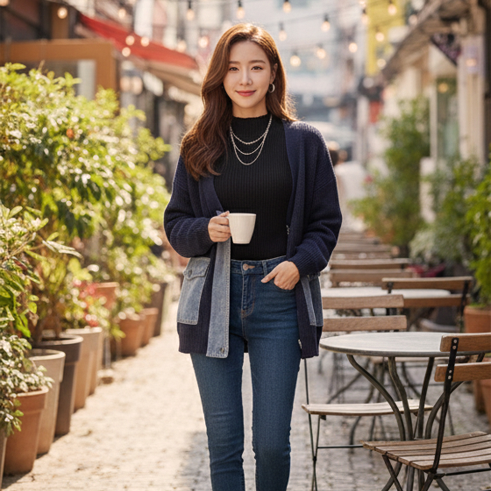 牛仔拼接V領針織外套