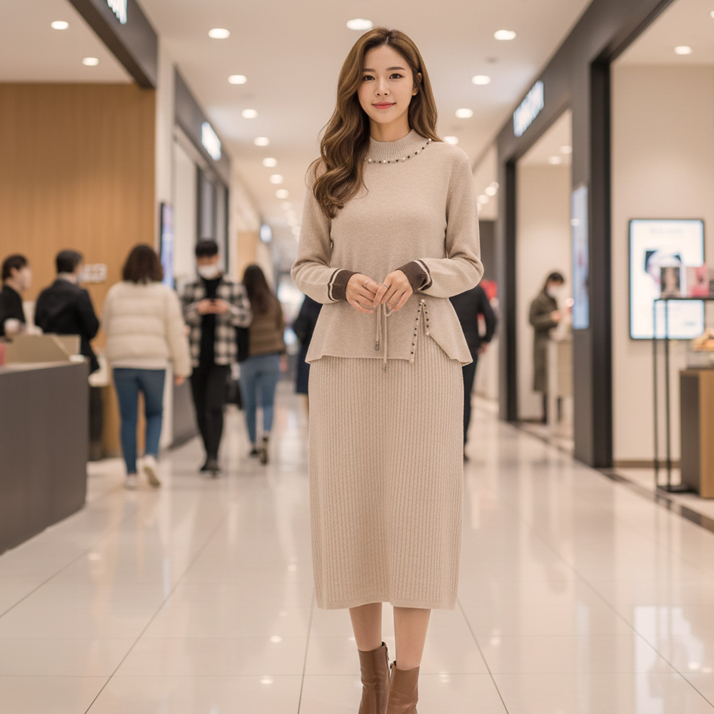 假兩件珠飾針織洋裝