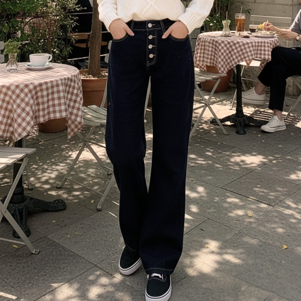 內磨毛排釦牛仔寬褲