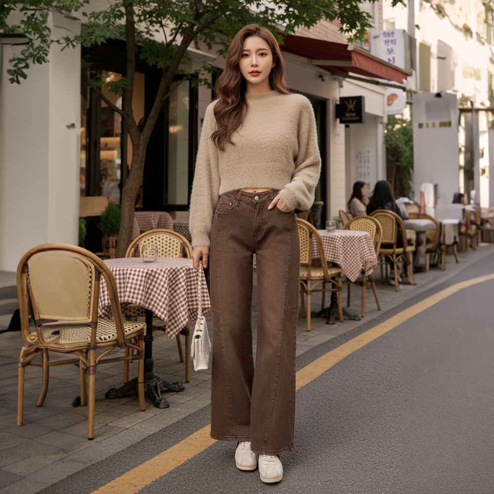 復古暖咖立體車線寬褲