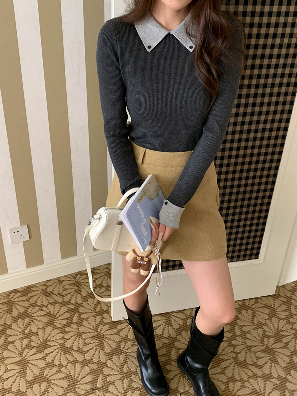 撞色假兩件針織上衣,evaviva,8C-GG7329,撞色假兩件針織上衣,領500,999免運