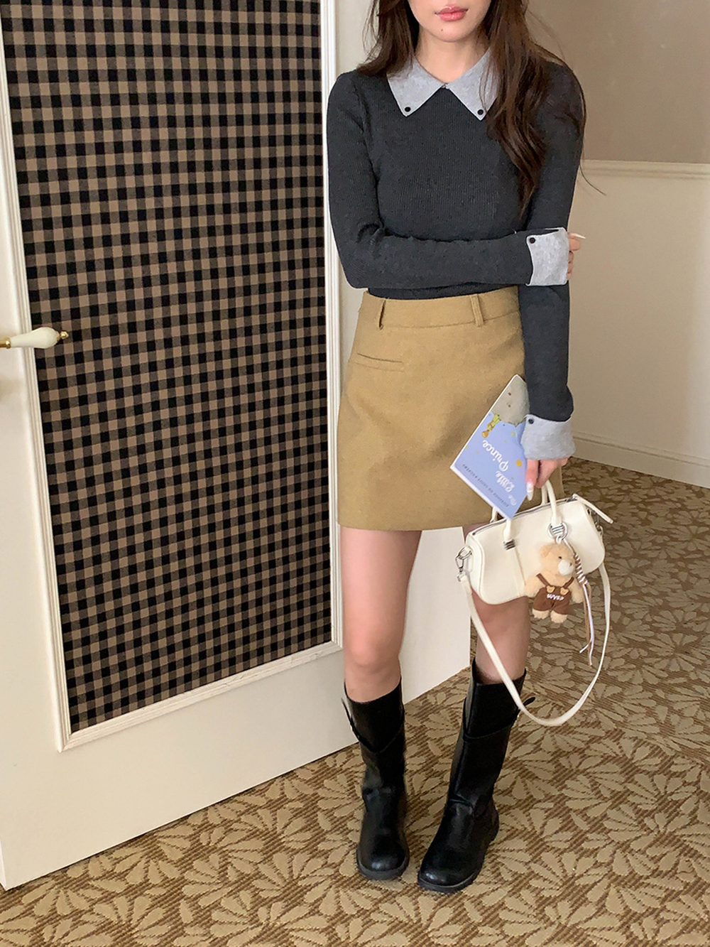 撞色假兩件針織上衣,evaviva,8C-GG7329,撞色假兩件針織上衣,領500,999免運