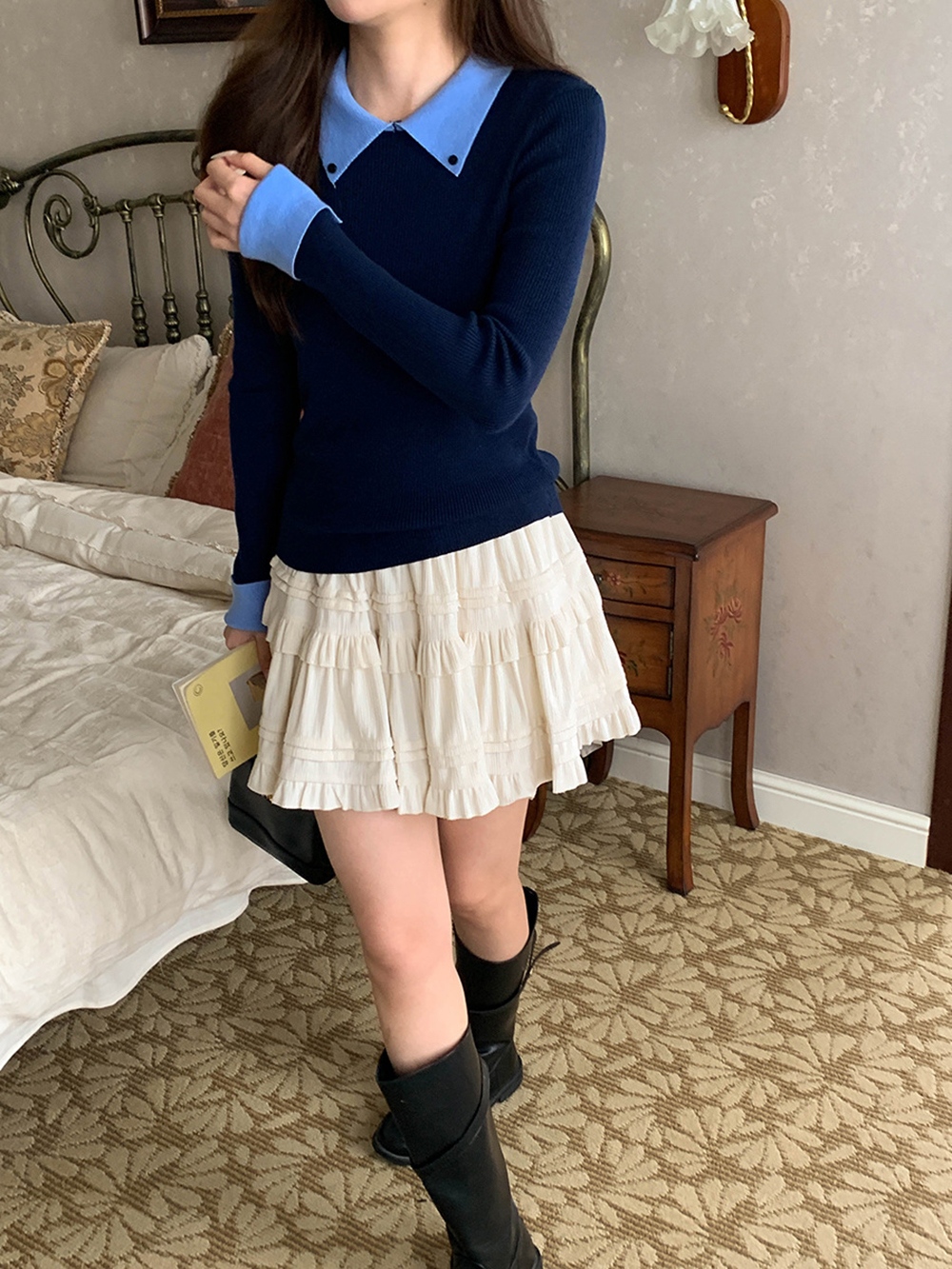 撞色假兩件針織上衣,evaviva,8C-GG7329,撞色假兩件針織上衣,領500,999免運