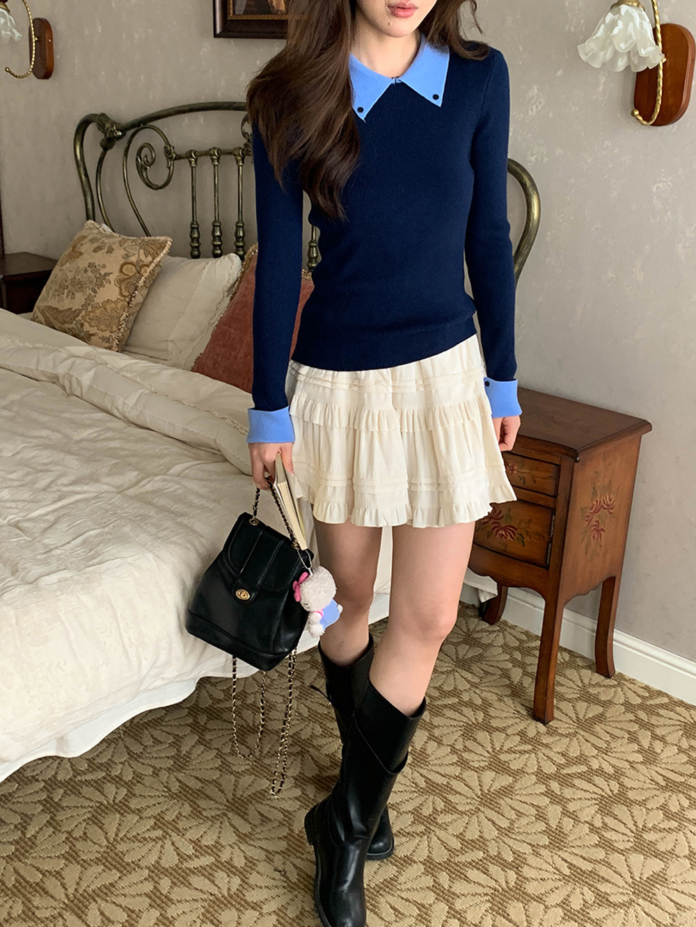 撞色假兩件針織上衣,evaviva,8C-GG7329,撞色假兩件針織上衣,領500,999免運