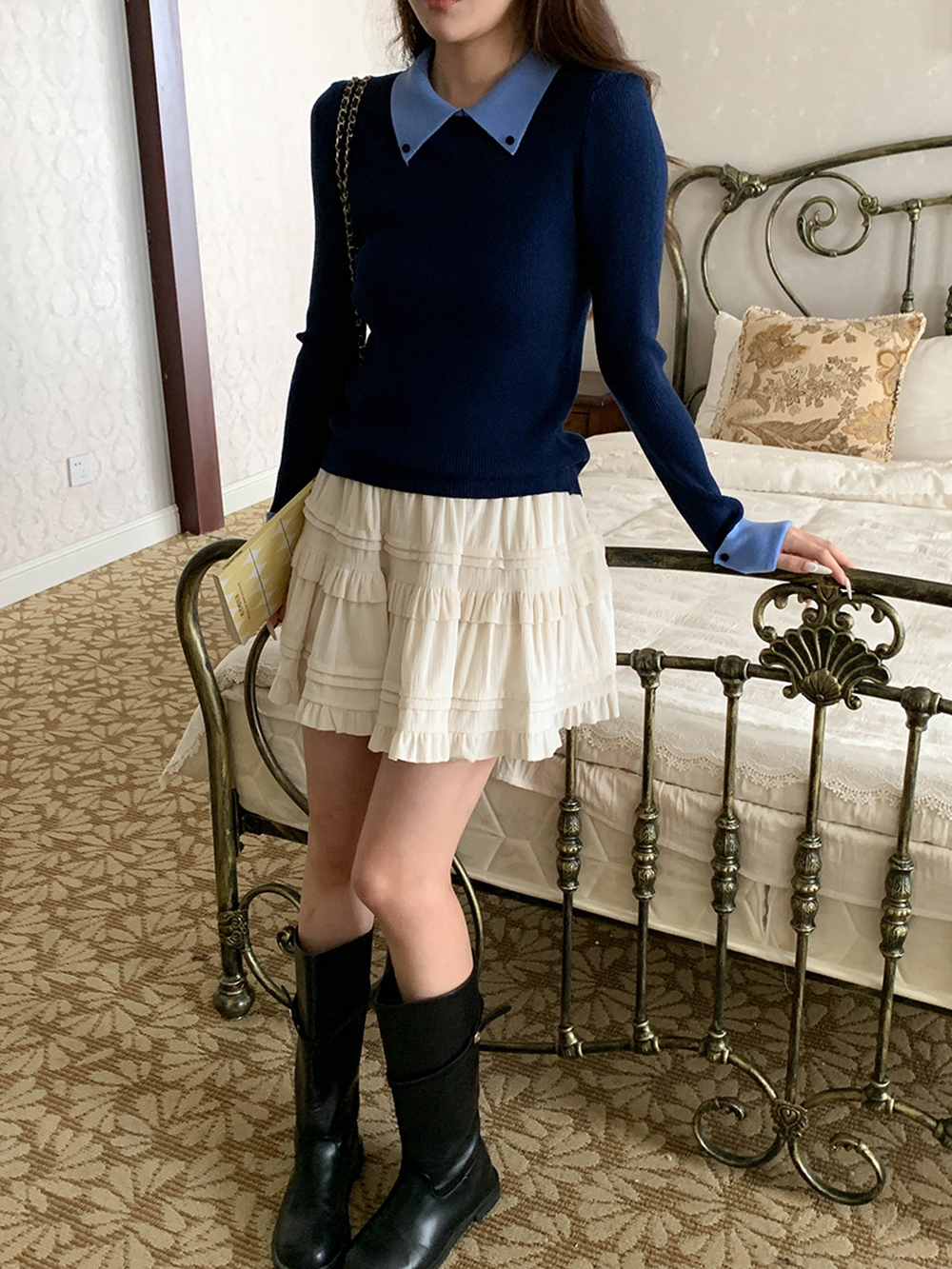 撞色假兩件針織上衣,evaviva,8C-GG7329,撞色假兩件針織上衣,領500,999免運