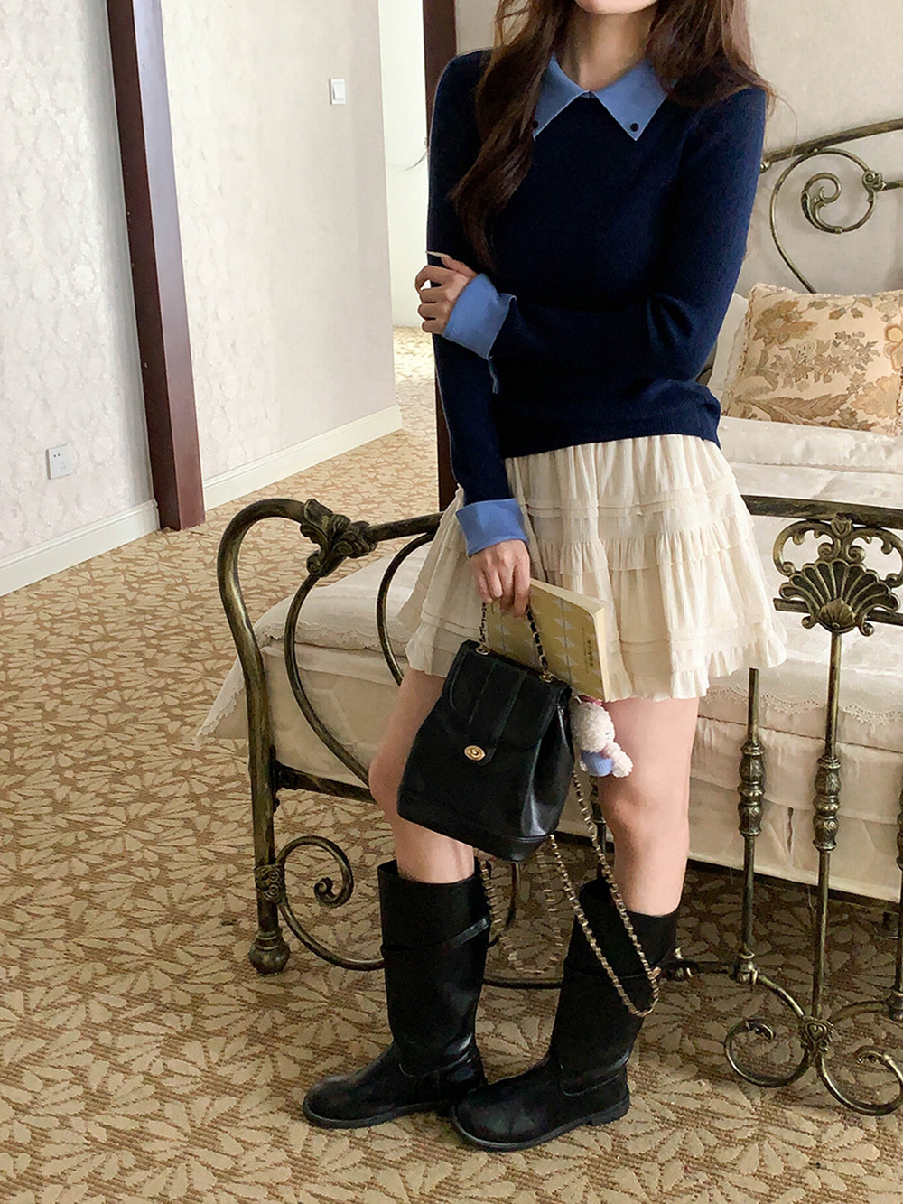 撞色假兩件針織上衣,evaviva,8C-GG7329,撞色假兩件針織上衣,領500,999免運