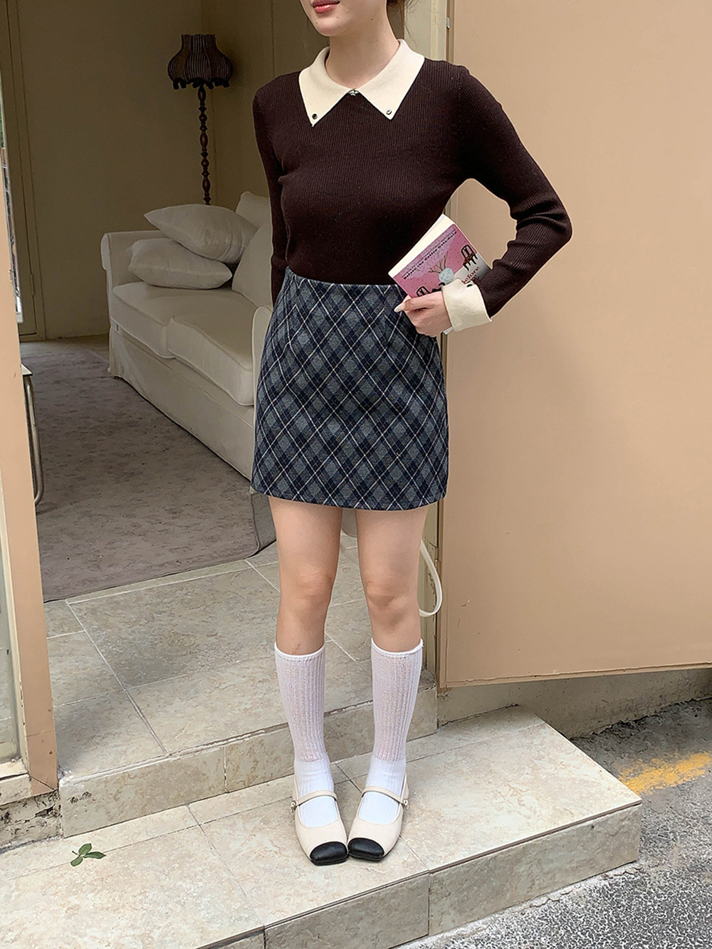 撞色假兩件針織上衣,evaviva,8C-GG7329,撞色假兩件針織上衣,領500,999免運