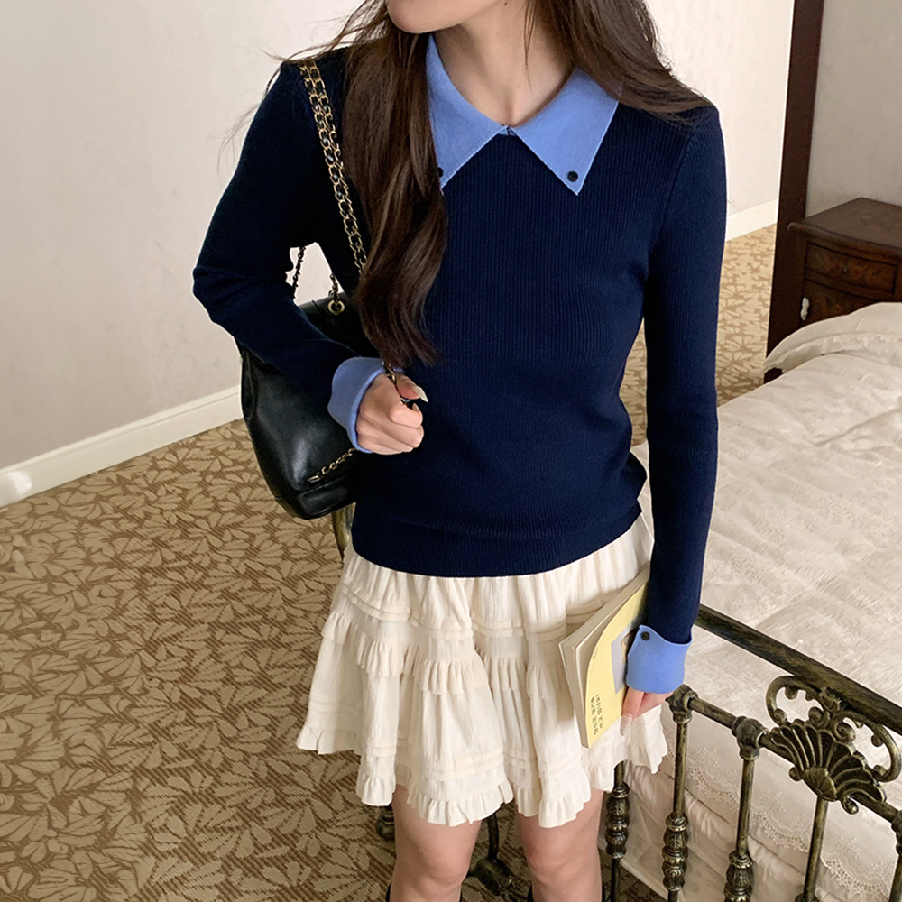 撞色假兩件針織上衣