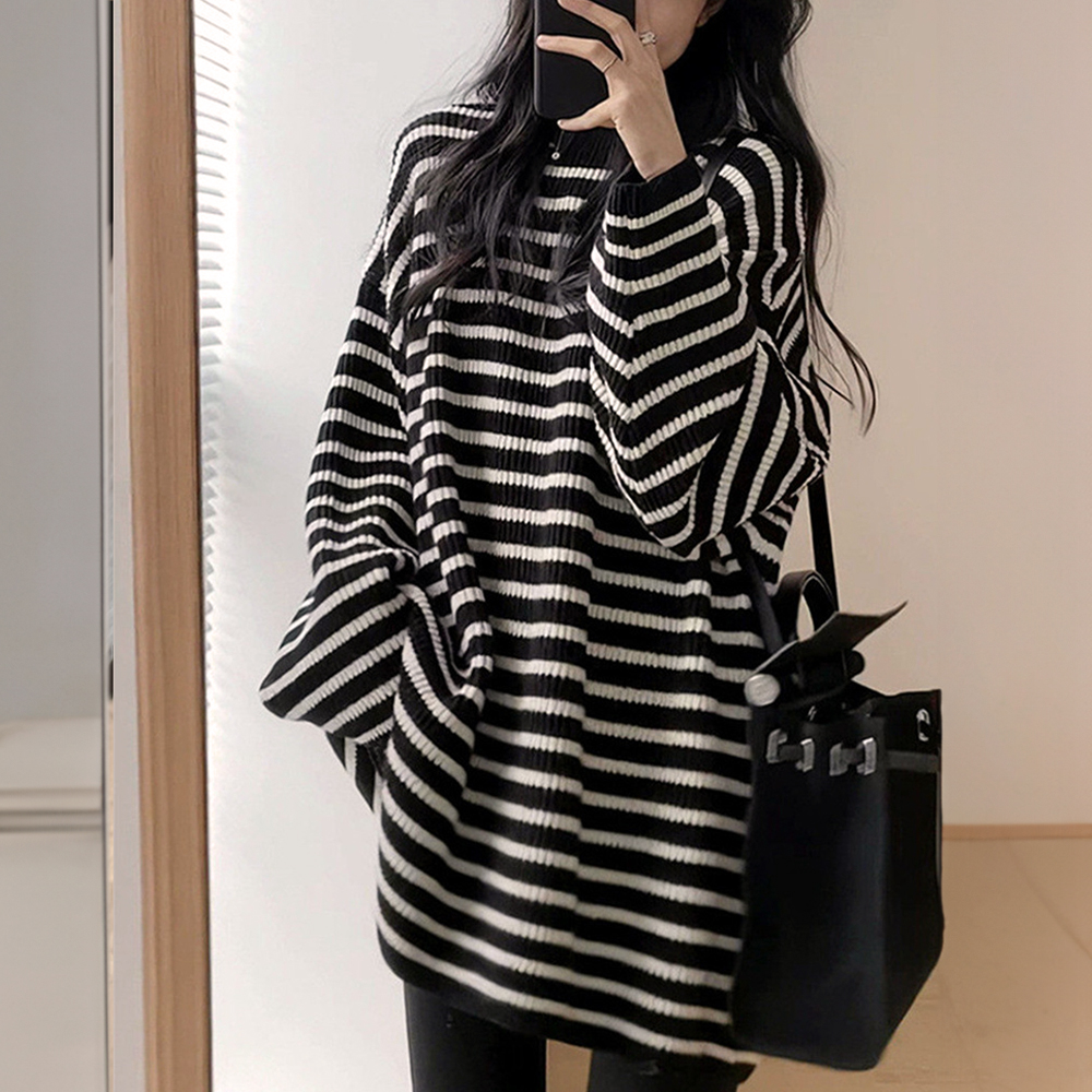 寬鬆黑白條紋長款上衣