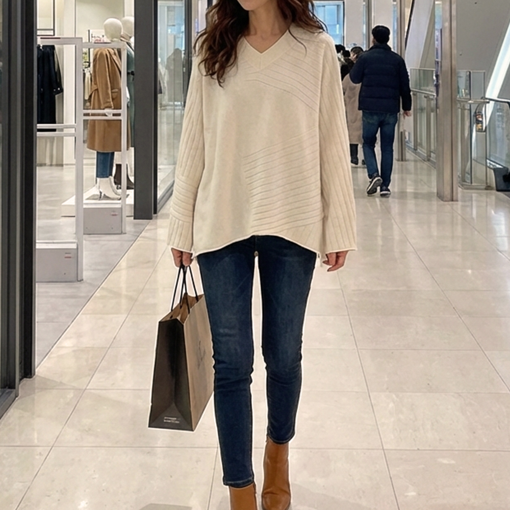 不規則斜紋V領針織衫